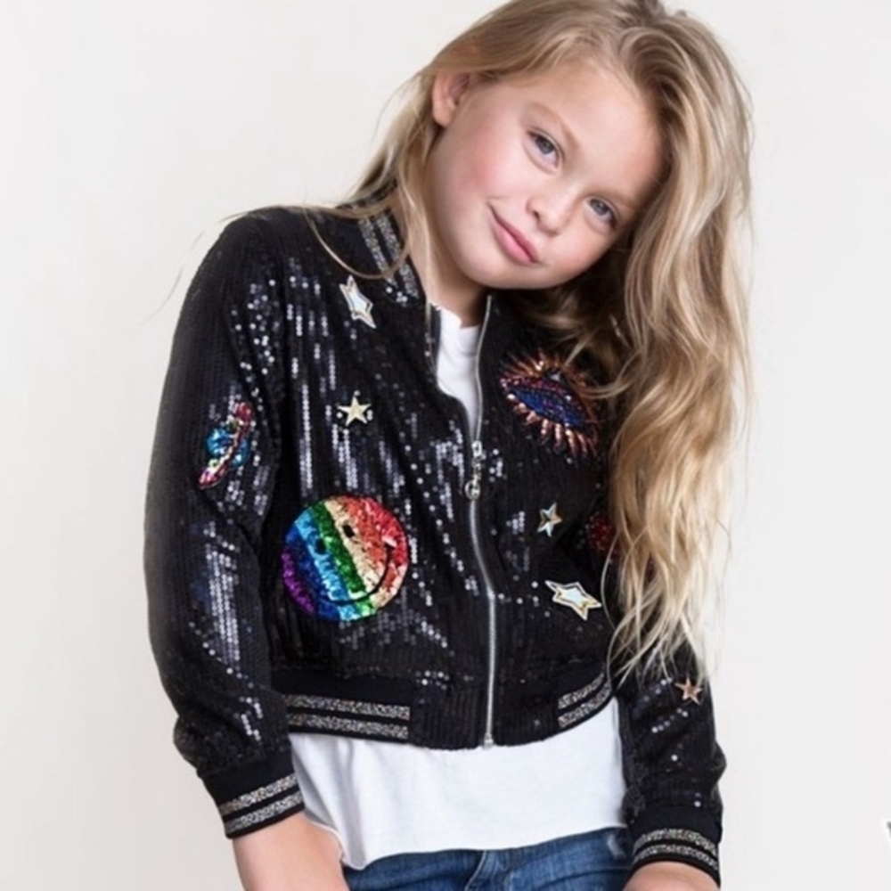 Girl's Black Sequin Jacket with Colorful Patches